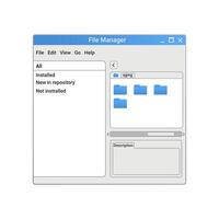 Retro file manager program with blue files and folders on screen. vector