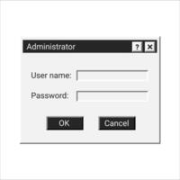 Dark retro registration window. Old authorization app in black color. vector