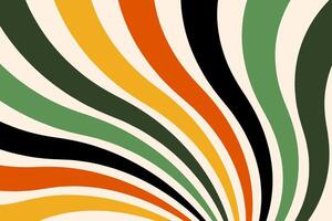 Retro abstract background with curved stripes in 60s -70s groovy style. Rotating spiral stripes. Colorful vintage wavy sunbeams vector