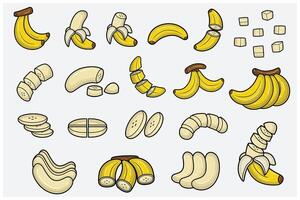 Banana fruits cartoon set with slice, half, cutting and different pose. Design elements for backdrop, pattern, wallpaper, label, flavor, strain and packaging. vector