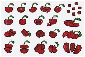 Cherry fruits cartoon set with slice, half, cutting and different pose. Design elements for backdrop, pattern, wallpaper, label, flavor, strain and packaging. vector