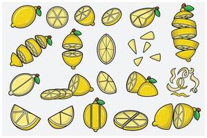 Lemon fruits cartoon set with slice, half, cutting and different pose. Design elements for backdrop, pattern, wallpaper, label, flavor, strain and packaging. vector