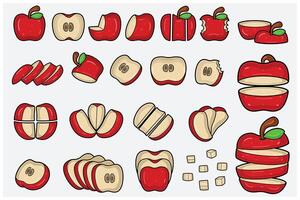 Apple fruits cartoon set with slice, half, cutting and different pose. Design elements for backdrop, pattern, wallpaper, label, flavor, strain and packaging. vector