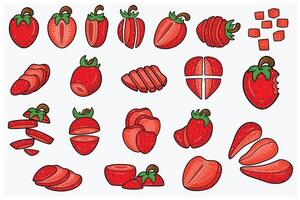 Strawberry fruits cartoon set with slice, half, cutting and different pose. Design elements for backdrop, pattern, wallpaper, label, flavor, strain and packaging. vector