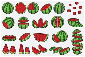 Watermelon fruits cartoon set with slice, half, cutting and different pose. Design elements for backdrop, pattern, wallpaper, label, flavor, strain and packaging. vector