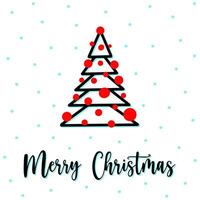 Linear xmas tree greeting card with Merry Christmas lettering. Linear xmas tree with spruce needles, red garland and snowfall. New year thin line Linear xmas tree in geometric style. Doodle xmas tree vector