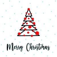 Cute outline xmas tree greeting card with Merry Christmas lettering. Outline xmas tree with red garlands, snowfall on background Doodle thin line xmas tree in minimalist style Geometric outline spruce vector