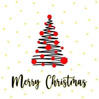 Merry Christmas and Happy Holidays postcard with New Year tree, snowflakes on white backgrounds design. Modern universal artistic template. Doodle, hand drawn Spruce, fir tree, invitation for holidays vector