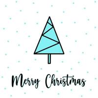 Scandinavian spruce greeting card with Merry Christmas lettering. Hand drawn scandinavian fir tree with blue blob, spot, snowfall on background. Minimalist thin line linear spruce in geometric style vector