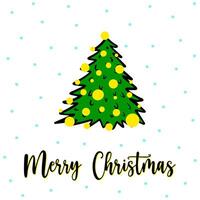 Doodle fluffy Christmas tree greeting card with Merry Christmas lettering. Doodle xmas tree with yellow garlands and snowfall. Doodle thin line pine in grunge style. Doodle outline spruce, xmas tree vector