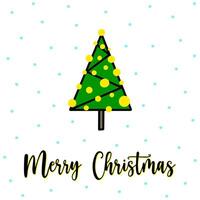 Geometric Christmas tree greeting card with Merry Christmas lettering. Hand drawn geometric Christmas tree with garland, snowfall on background. Modern thin line Christmas tree in geometric style vector