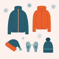 Winter warm accessories. Hand drawn flat illustration with winter clothes, knitted sweater, footer cardigan, hats, gloves, snowflakes.The image created without artificial intelligence software vector