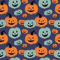 Cartoon repeating Halloween background with funny pumpkins lantern. Hand drawn Seamless pattern for autumn holiday, autumnal decorative ornament for banner, flyer, paper, print, wrapping, card vector