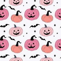 Cartoon repeating Halloween background with pink pumpkin lantern and bats. Hand drawn Seamless pattern for autumn holiday, autumnal decorative ornament for banner, flyer, paper, print, wrapping vector