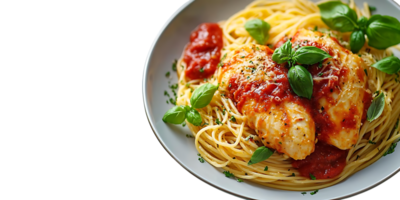 Chicken Parmesan with Spaghetti, Tomato Sauce, and Basil on a Transparent Background png