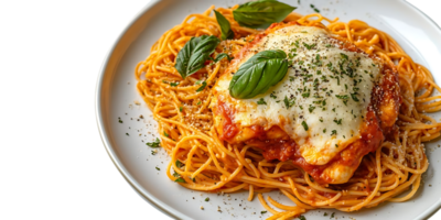 Chicken Parmesan with Spaghetti, Melted Mozzarella, and a Splash of Parsley -  Transparent Background png