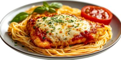 Chicken Parmesan with Spaghetti, Melted Mozzarella, and a Splash of Tomato Sauce on a Transparent Background png