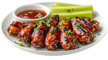 Grilled BBQ Chicken Wings with Celery Sticks and Sauce on a White Plate with Transparent Background png