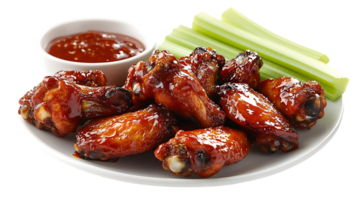 Delicious Glazed Chicken Wings with Celery Sticks and Sauce on a White Plate with Transparent Background png