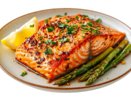 Grilled Salmon with Asparagus and Lemon, a Delicious and Healthy Dinner with Transparent Background png