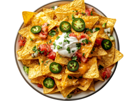 Delicious Nachos with Topped with Sour Cream, Jalapenos, Tomatoes and Cheese on Transparent Background png