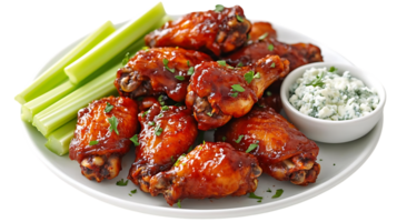 Crispy Buffalo Chicken Wings Served with Celery Sticks and Creamy Blue Cheese Dip on a White Plate with Transparent Background png