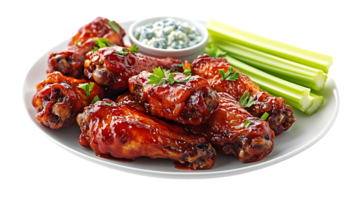 Crispy Chicken Wings with Blue Cheese Dip and Celery Sticks on White Plate with Transparent Background png