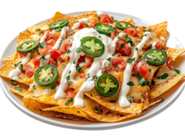 Delicious Crispy Nachos Topped with Creamy Sauce, Sliced Jalapenos, and Fresh Salsa on a Transparent Background png