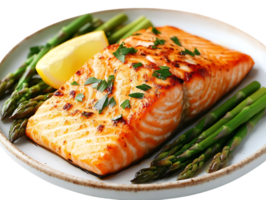 Grilled Salmon with Asparagus and Lemon on a Transparent Background png