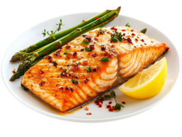 Grilled Salmon with Asparagus and Lemon, a Delicious and Easy Dinner with a Transparent Background png