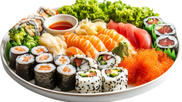 Sushi prato com salmão, atum, e abacate rolos, recentemente preparado com transparente fundo png