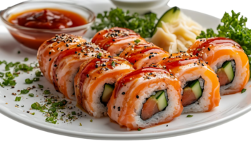 Salmon Sushi Rolls with Cucumber, Sesame Seeds, and Soy Sauce Drizzle, Served on White Plate with Transparent Background png