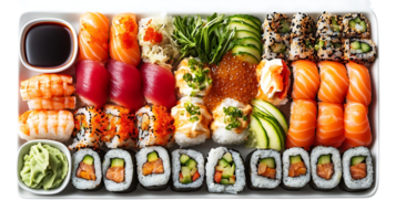 Delectable Sushi Platter with Transparent Background, Featuring Salmon, Tuna, and Cucumber Rolls with a Side of Wasabi png