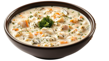 cremoso Mariscos sopa de pescado con perejil adornar y un transparente antecedentes png
