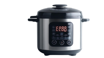 Stainless Steel Electric Pressure Cooker with Transparent Background, Featuring Digital Display and Multiple Cooking Functions png