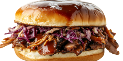 Pulled Pork Sandwich with Coleslaw and BBQ Sauce on a Transparent Background png