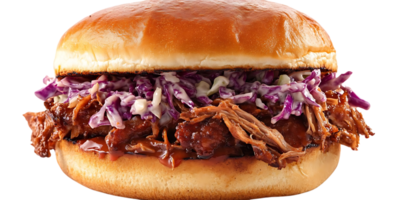 Pulled Pork Sandwich with Coleslaw and Creamy Dressing, Deliciously Served on a Toasted Bun with a Transparent Background png