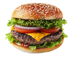 Juicy Cheeseburger with Fresh Lettuce, Tomato, and Onion on a Sesame Seed Bun with Transparent Background png
