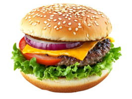 Delicious Cheeseburger with Lettuce, Tomato, and Onion on a Sesame Seed Bun, a Perfect Choice for a Fast Food Meal with Transparent Background png