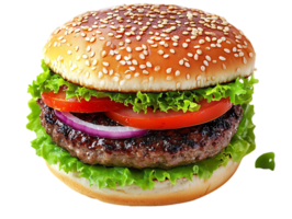 Juicy Beef Burger with Lettuce, Tomato, and Onion on a Sesame Seed Bun with a Transparent Background png
