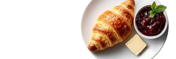Delicious Croissant Served on a White Plate with Butter and Red Jam, a Perfect Breakfast or Brunch Option with a Transparent Background. png