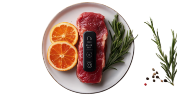Smart Meat Thermometer with Transparent Background for Precise Cooking, Perfect Steak with Rosemary and Orange Slices on a Plate, Easy and Convenient png