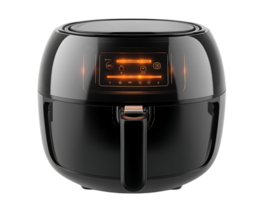 Black Air Fryer with Transparent Background, Digital Display, and Crispy Food png