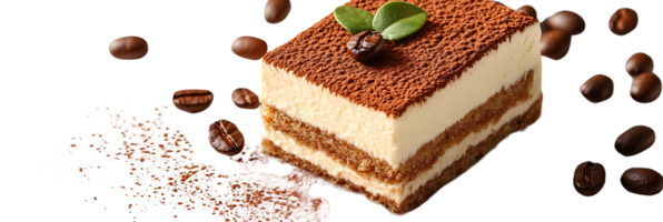 A Delicious Slice of Tiramisu with a Transparent Background, Coffee Beans Falling Around It png