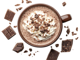 Indulge in a Rich and Creamy Hot Chocolate with Whipped Cream and Chocolate Shavings, a Sweet Treat for a Cold Day png