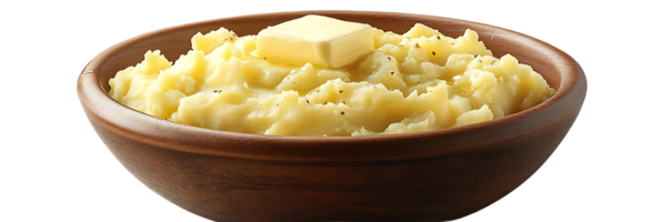 Mashed Potatoes with Butter, a Classic Side Dish Perfect for Any Meal, Served in a Rustic Wooden Bowl with a Transparent Background. png