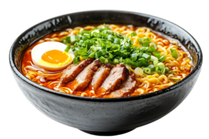 Delicious Ramen Noodles with Pork, Egg, and Green Onions, Served in a Black Bowl with a Transparent Background png