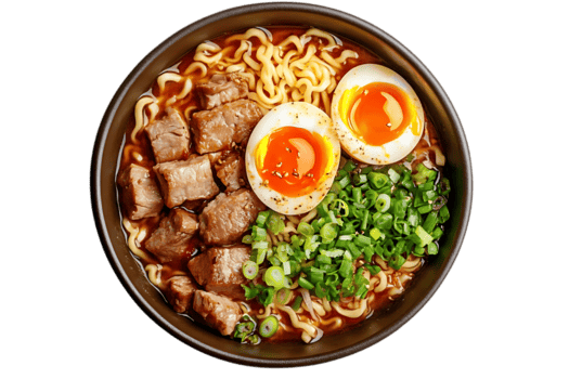 delicioso carne de vaca ramen tallarines con hervido huevos y verde cebollas en transparente antecedentes png