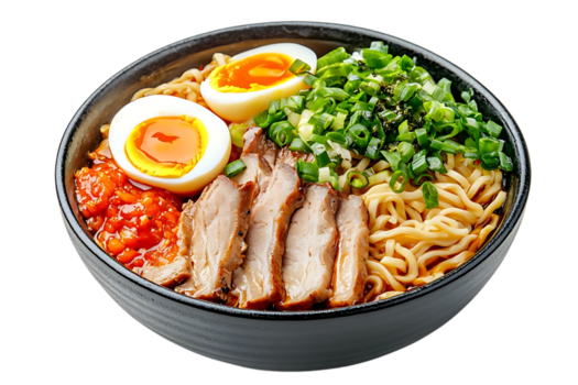 delicioso ramen tallarines con cerdo, huevo, y verde cebollas con transparente antecedentes png