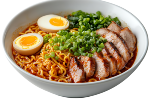 Spicy Pork Ramen Noodles with Soft Boiled Egg and Green Onions - Delicious and Easy to Make png